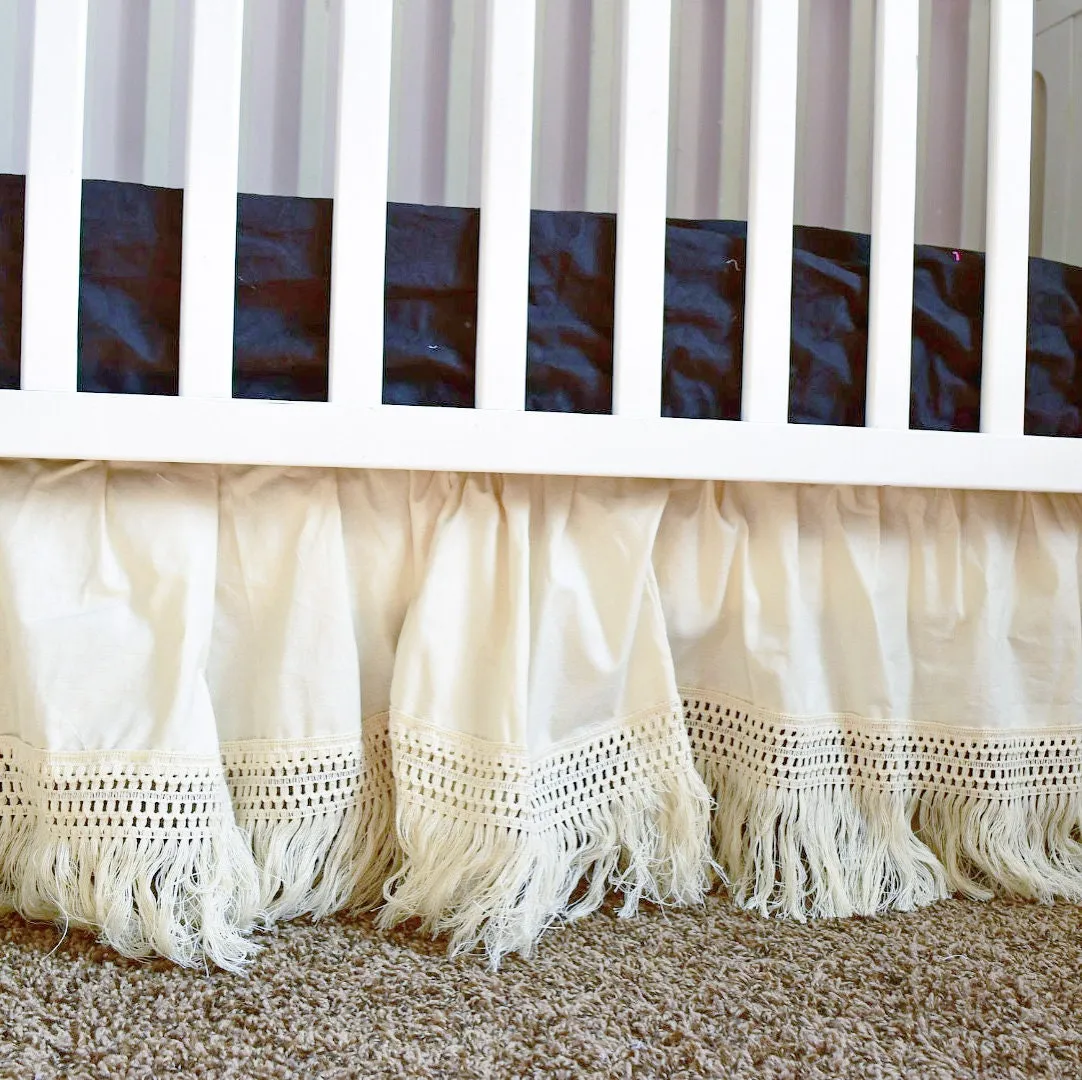 Cream MINI Crib Skirt, Linen Bedskirt Macrame Crib Bedding, Baby Shower Gift