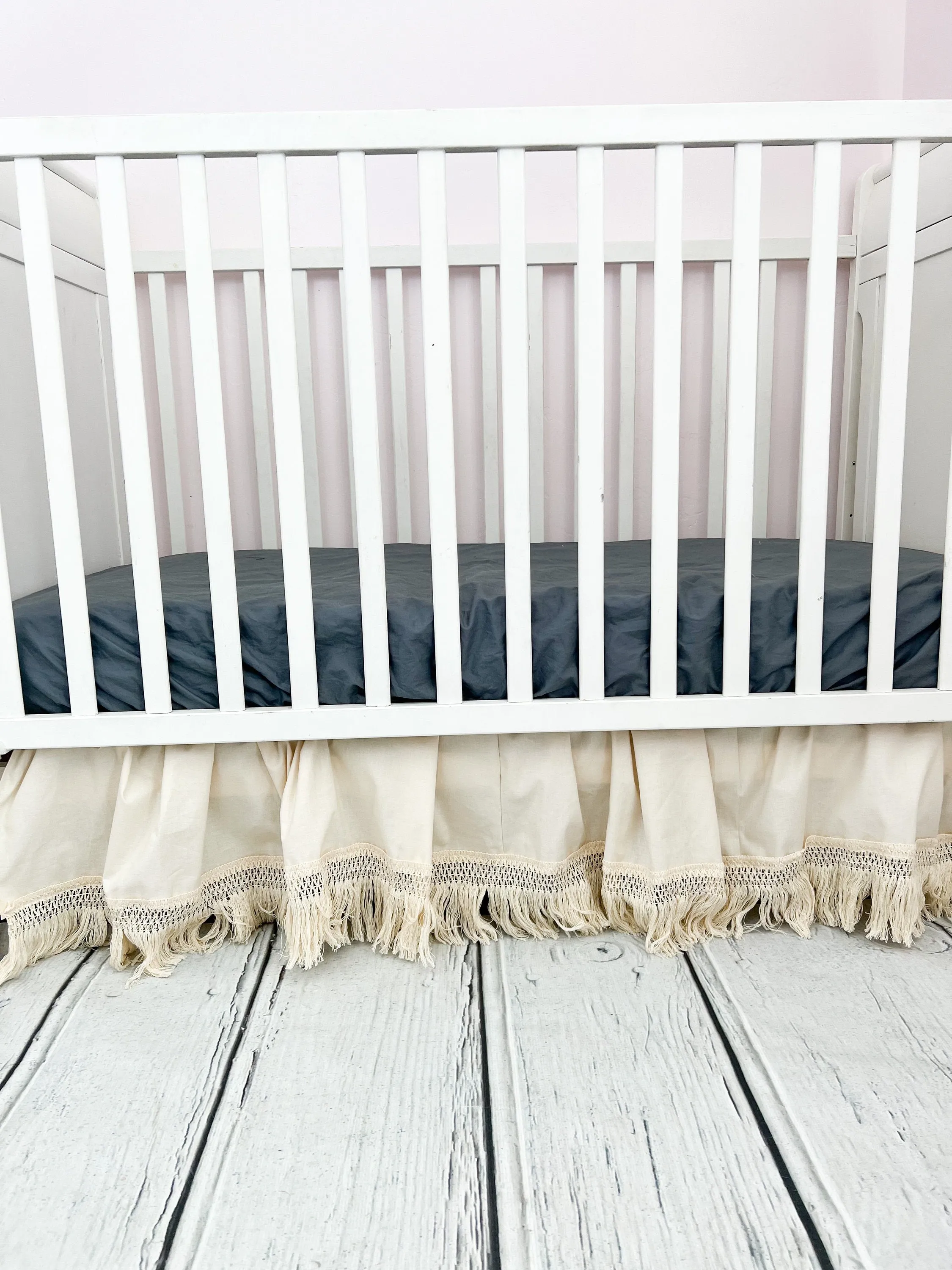 Cream MINI Crib Skirt, Linen Bedskirt Macrame Crib Bedding, Baby Shower Gift