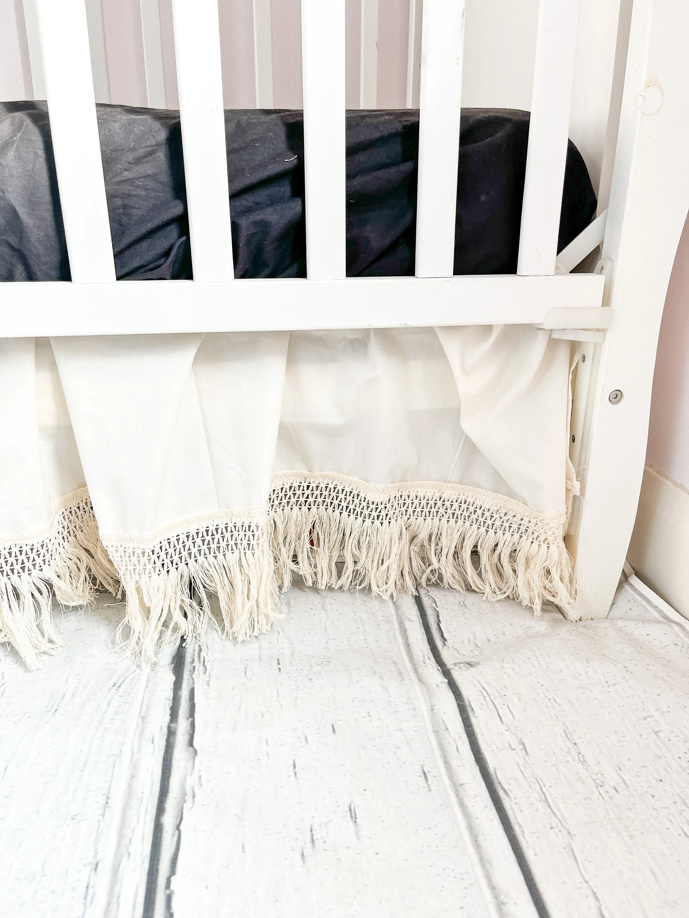 Cream MINI Crib Skirt, Linen Bedskirt Macrame Crib Bedding, Baby Shower Gift
