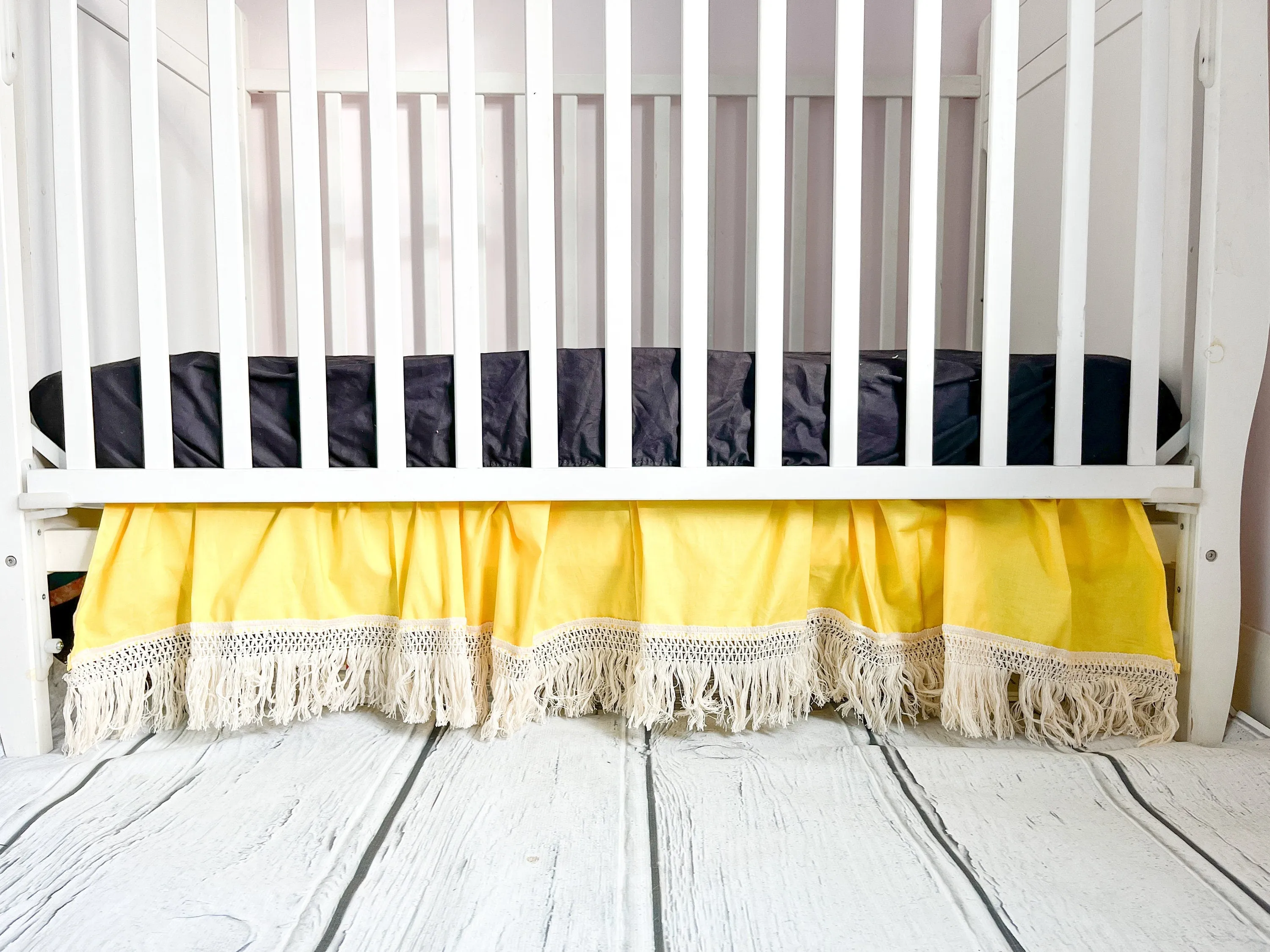Cream MINI Crib Skirt, Linen Bedskirt Macrame Crib Bedding, Baby Shower Gift