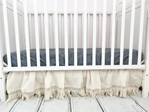 Cream MINI Crib Skirt, Linen Bedskirt Macrame Crib Bedding, Baby Shower Gift