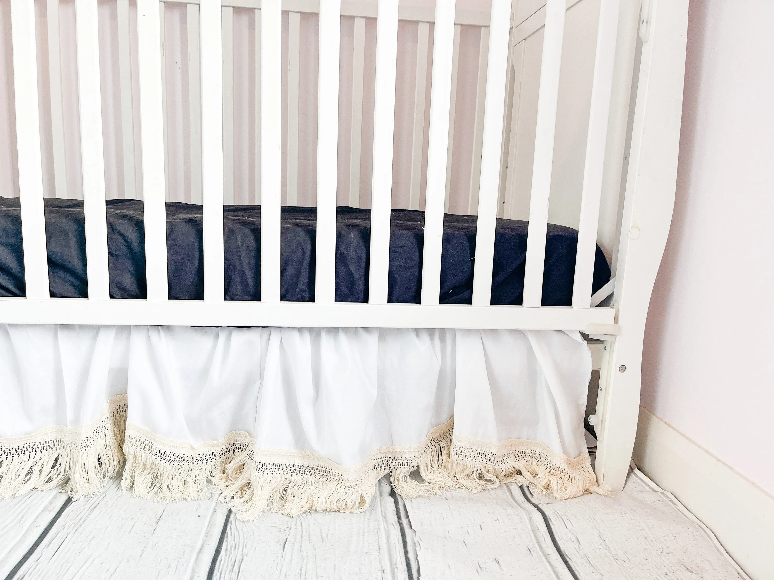 Cream MINI Crib Skirt, Linen Bedskirt Macrame Crib Bedding, Baby Shower Gift