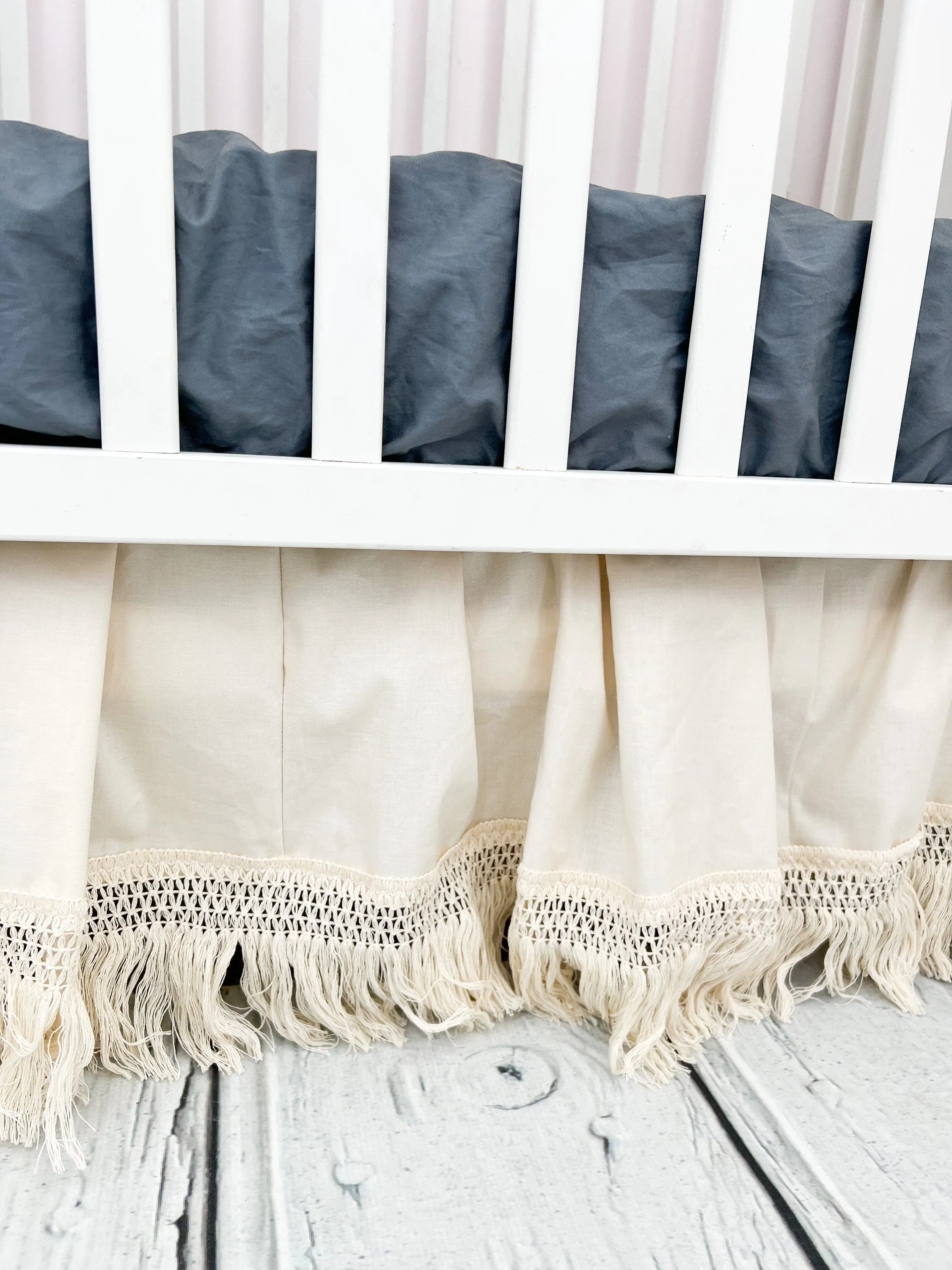 Cream MINI Crib Skirt, Linen Bedskirt Macrame Crib Bedding, Baby Shower Gift