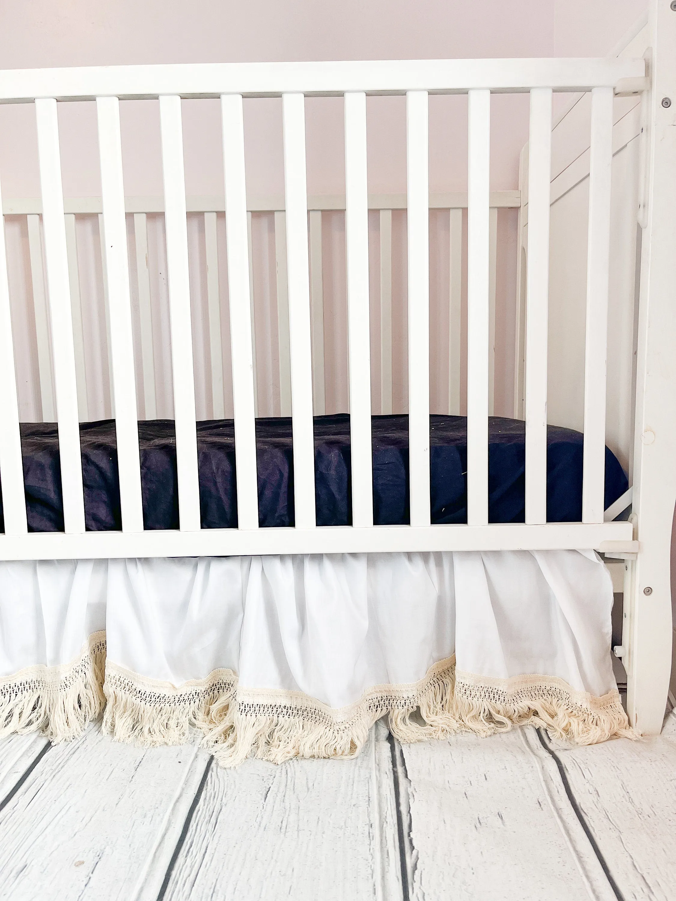Cream MINI Crib Skirt, Linen Bedskirt Macrame Crib Bedding, Baby Shower Gift