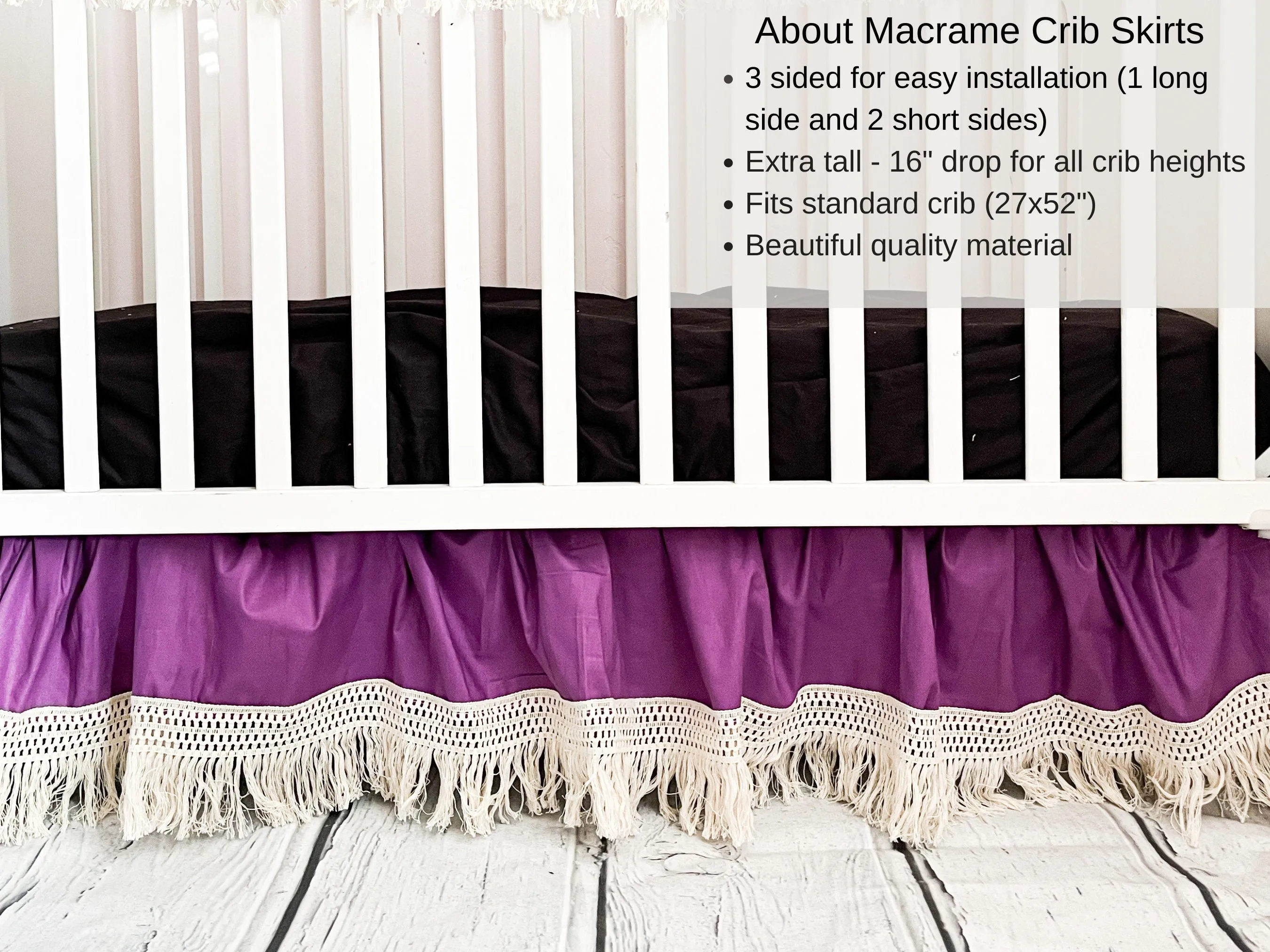 Crib Skirt Baby Girl Bedding, Purple Macrame Crib Bedding Baby Girl Nursery Decor