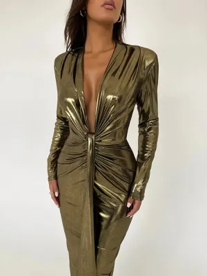 Deep V-Neck Long Sleeve Bodycon Maxi Dress For Women Autumn Winter New Ruched Shiny Sexy Chic Dress