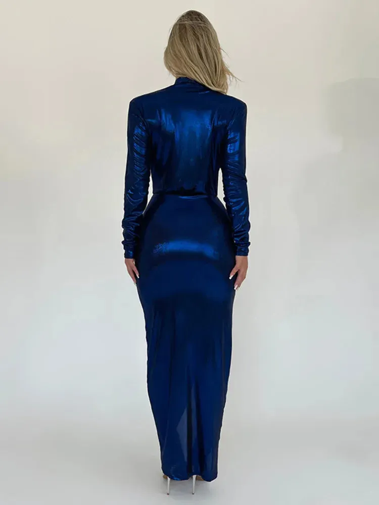 Deep V-Neck Long Sleeve Bodycon Maxi Dress For Women Autumn Winter New Ruched Shiny Sexy Chic Dress