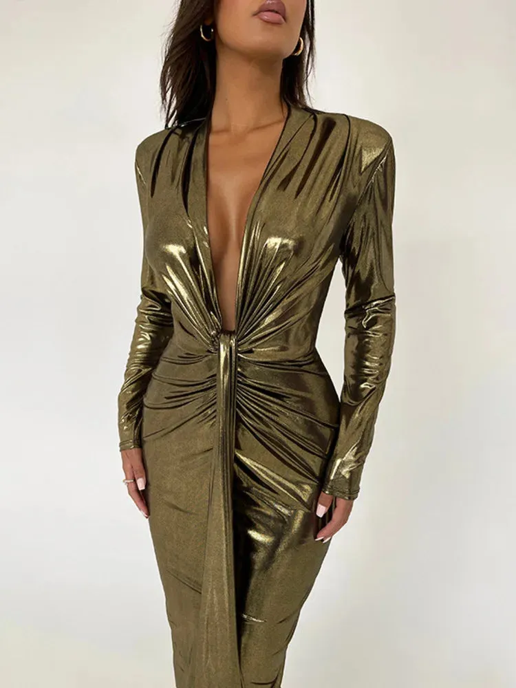 Deep V-Neck Long Sleeve Bodycon Maxi Dress For Women Autumn Winter New Ruched Shiny Sexy Chic Dress