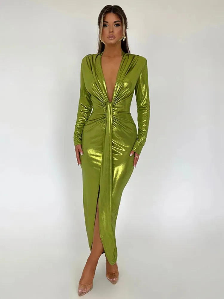 Deep V-Neck Long Sleeve Bodycon Maxi Dress For Women Autumn Winter New Ruched Shiny Sexy Chic Dress