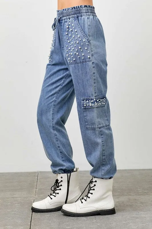 Denim Jogger Pants With Pearl Stud Detail