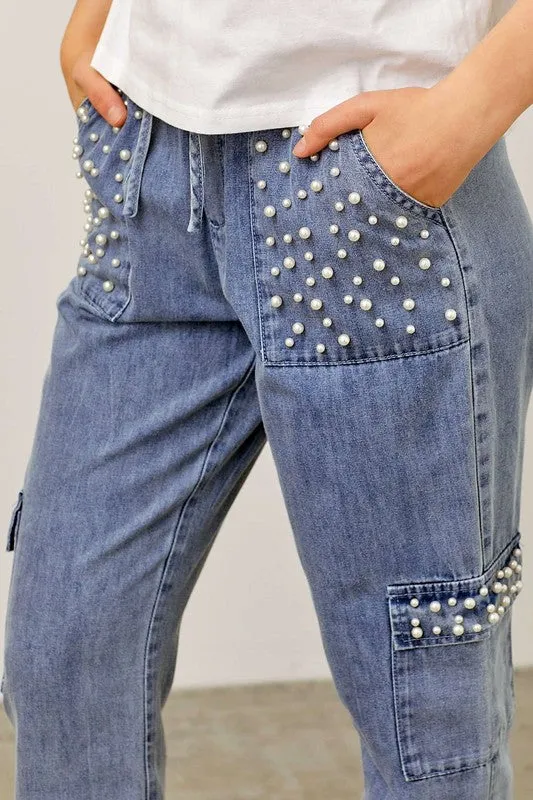 Denim Jogger Pants With Pearl Stud Detail