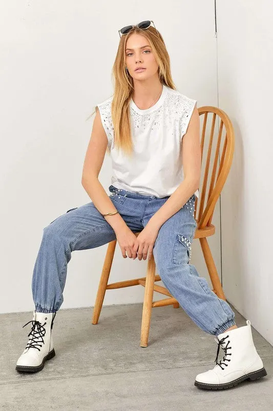 Denim Jogger Pants With Pearl Stud Detail