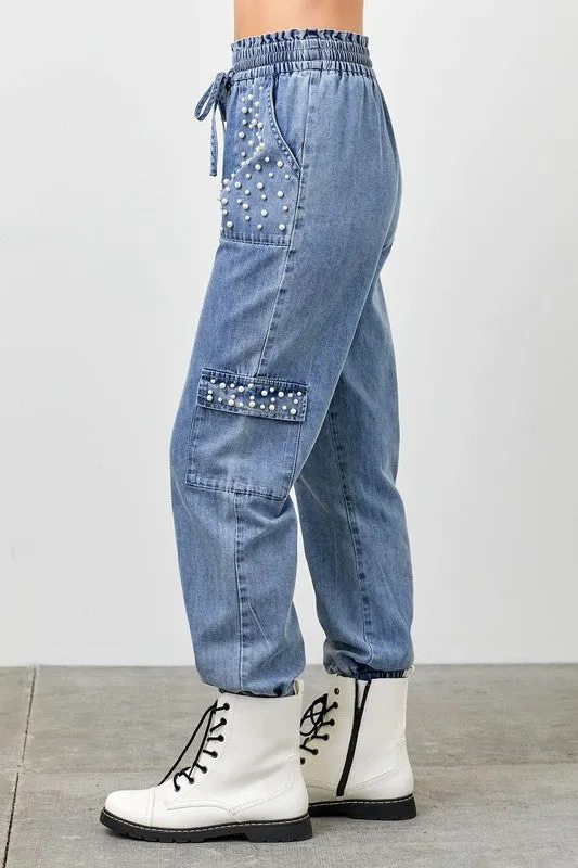 Denim Jogger Pants With Pearl Stud Detail