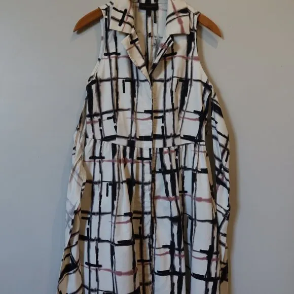 DKNY midi Shirtdress plaid print white black pink sleeveles tie bow buton down 6