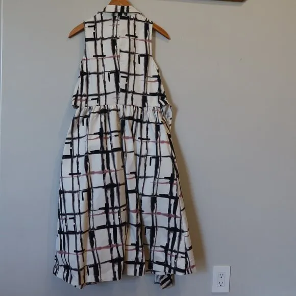 DKNY midi Shirtdress plaid print white black pink sleeveles tie bow buton down 6
