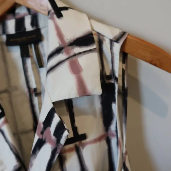 DKNY midi Shirtdress plaid print white black pink sleeveles tie bow buton down 6