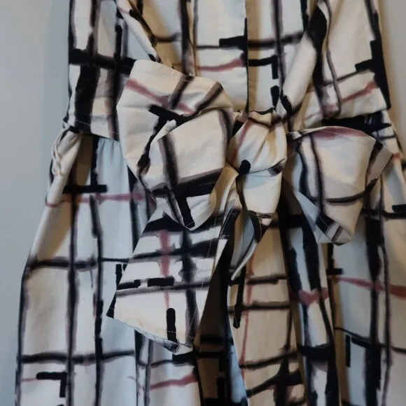 DKNY midi Shirtdress plaid print white black pink sleeveles tie bow buton down 6