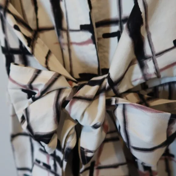 DKNY midi Shirtdress plaid print white black pink sleeveles tie bow buton down 6