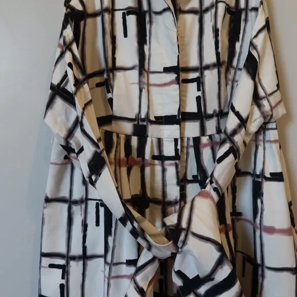 DKNY midi Shirtdress plaid print white black pink sleeveles tie bow buton down 6