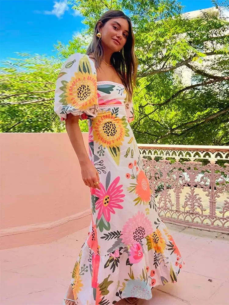 Elegant Flower Print Square Neck Maxi Dress New Spring Summer Fashion Lantern Sleeve A-Line Vacation Dress