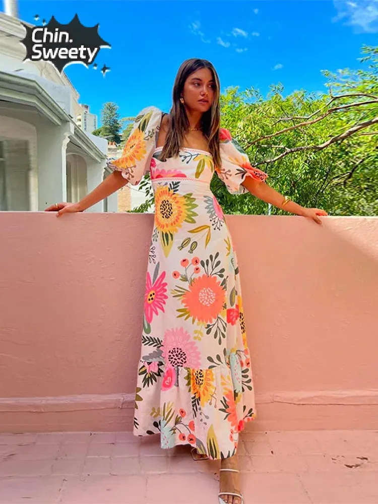 Elegant Flower Print Square Neck Maxi Dress New Spring Summer Fashion Lantern Sleeve A-Line Vacation Dress