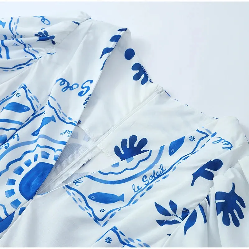 Elegant Flower Print Square Neck Maxi Dress New Spring Summer Fashion Lantern Sleeve A-Line Vacation Dress