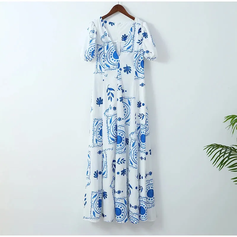 Elegant Flower Print Square Neck Maxi Dress New Spring Summer Fashion Lantern Sleeve A-Line Vacation Dress