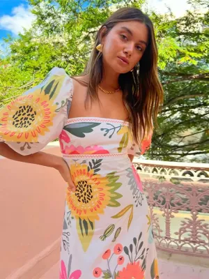 Elegant Flower Print Square Neck Maxi Dress New Spring Summer Fashion Lantern Sleeve A-Line Vacation Dress