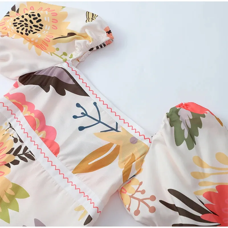 Elegant Flower Print Square Neck Maxi Dress New Spring Summer Fashion Lantern Sleeve A-Line Vacation Dress
