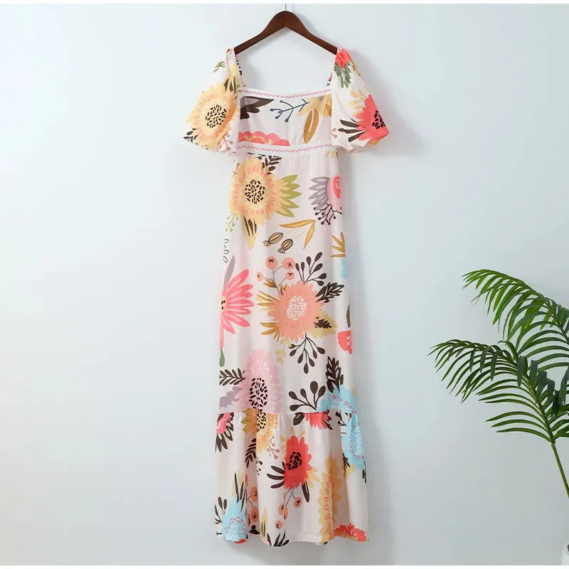 Elegant Flower Print Square Neck Maxi Dress New Spring Summer Fashion Lantern Sleeve A-Line Vacation Dress