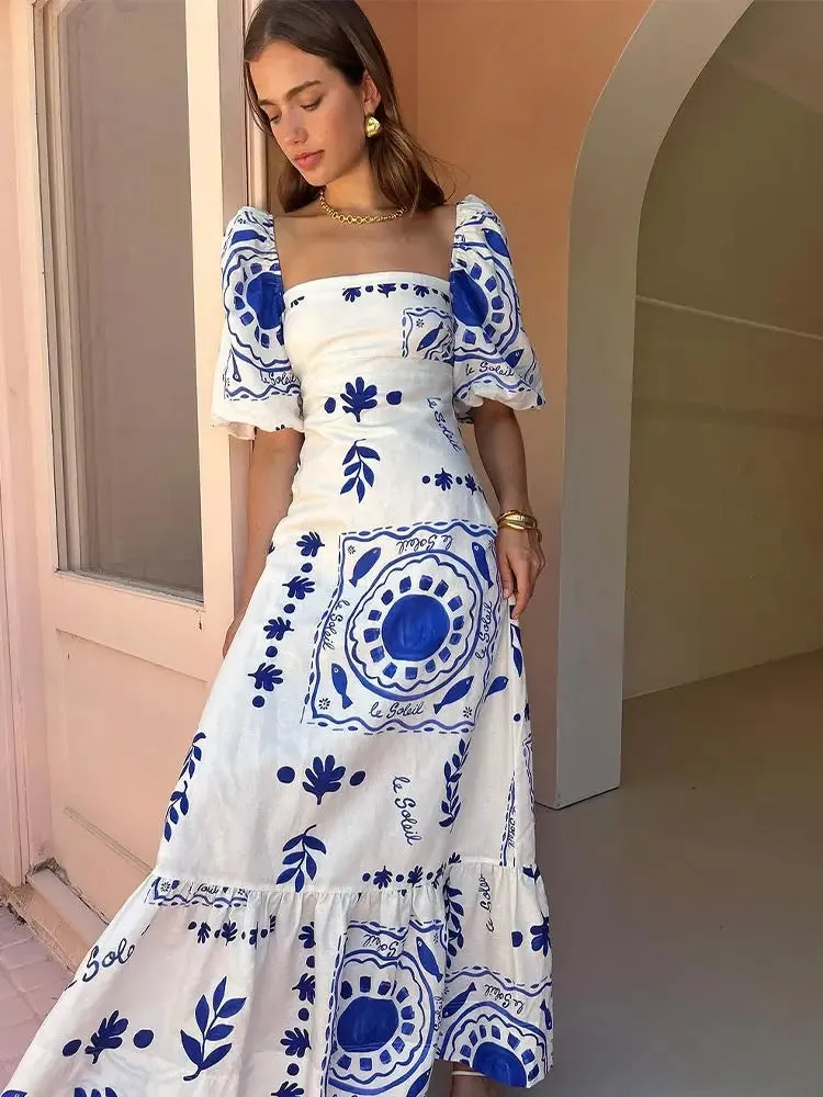 Elegant Flower Print Square Neck Maxi Dress New Spring Summer Fashion Lantern Sleeve A-Line Vacation Dress