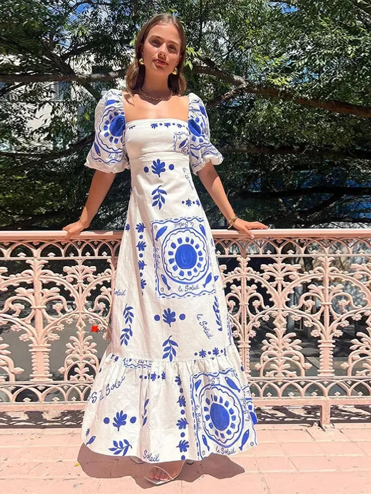 Elegant Flower Print Square Neck Maxi Dress New Spring Summer Fashion Lantern Sleeve A-Line Vacation Dress