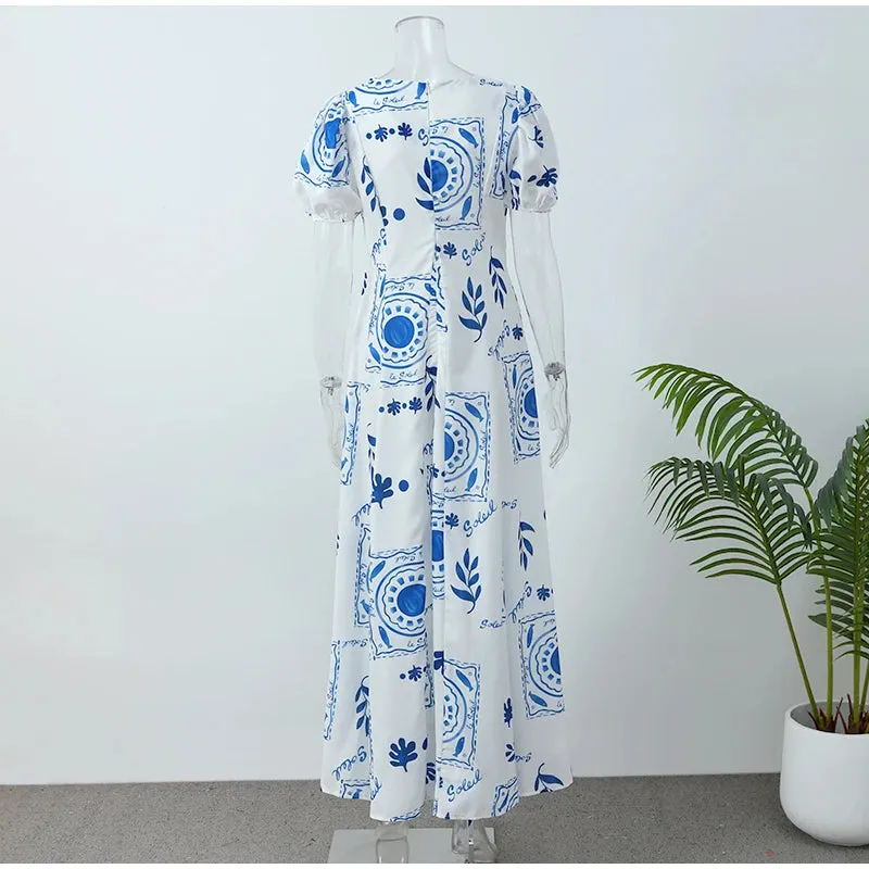 Elegant Flower Print Square Neck Maxi Dress New Spring Summer Fashion Lantern Sleeve A-Line Vacation Dress