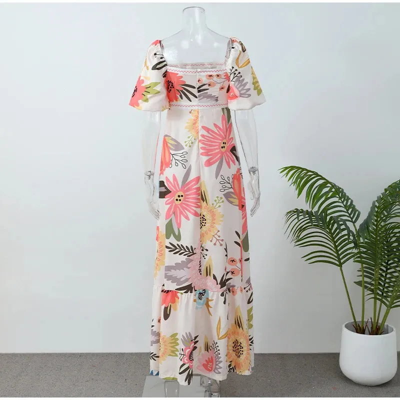 Elegant Flower Print Square Neck Maxi Dress New Spring Summer Fashion Lantern Sleeve A-Line Vacation Dress
