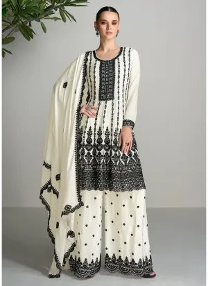 Ensembled White and Black Embroidered Palazzo Suit