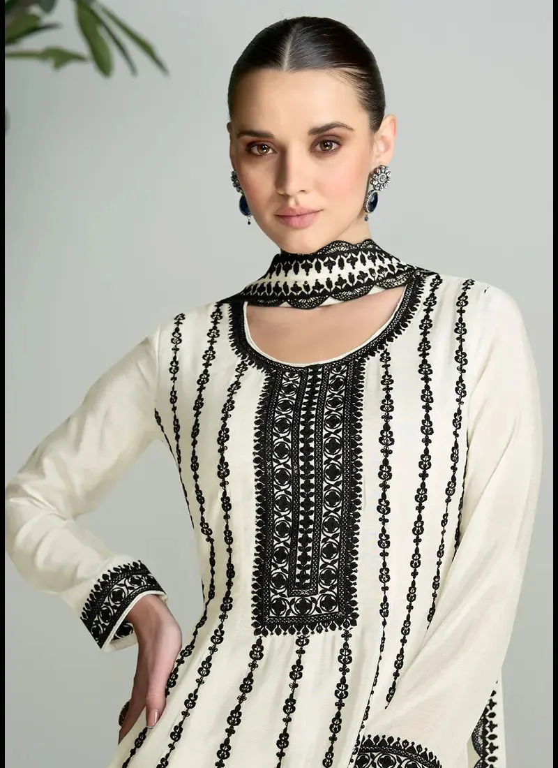 Ensembled White and Black Embroidered Palazzo Suit