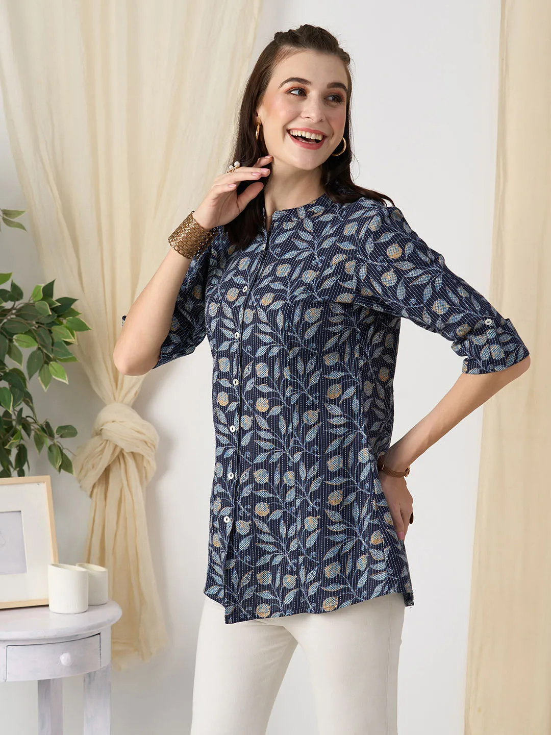 Exclusive Cotton NavyBlue A-Line Tunic With Kantha work & Botanical Print For Women - ZOLA