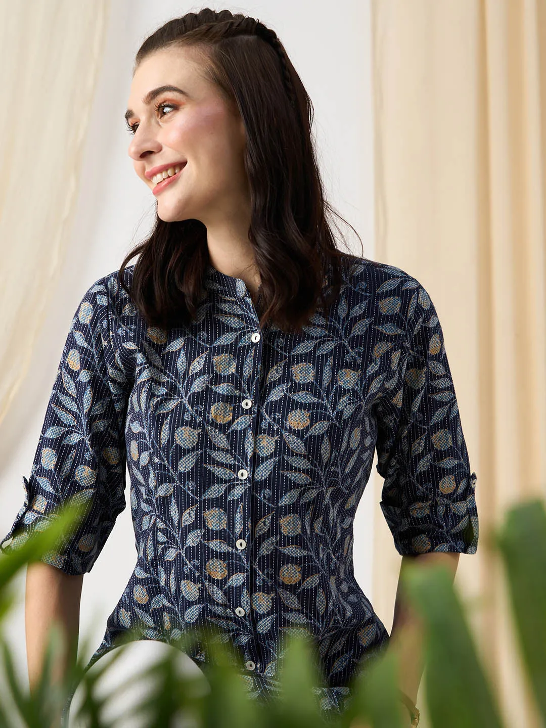 Exclusive Cotton NavyBlue A-Line Tunic With Kantha work & Botanical Print For Women - ZOLA