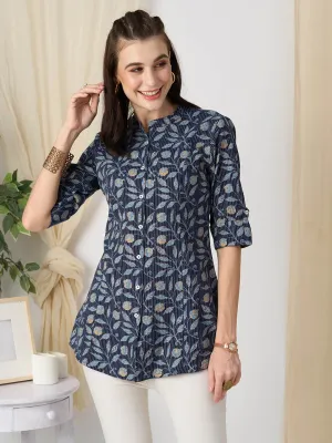 Exclusive Cotton NavyBlue A-Line Tunic With Kantha work & Botanical Print For Women - ZOLA