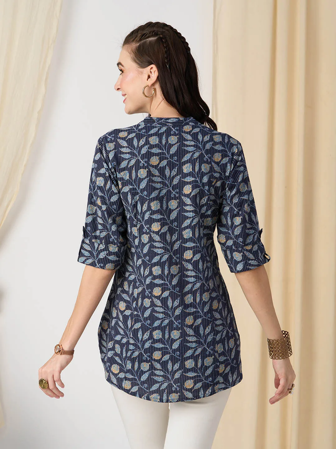 Exclusive Cotton NavyBlue A-Line Tunic With Kantha work & Botanical Print For Women - ZOLA