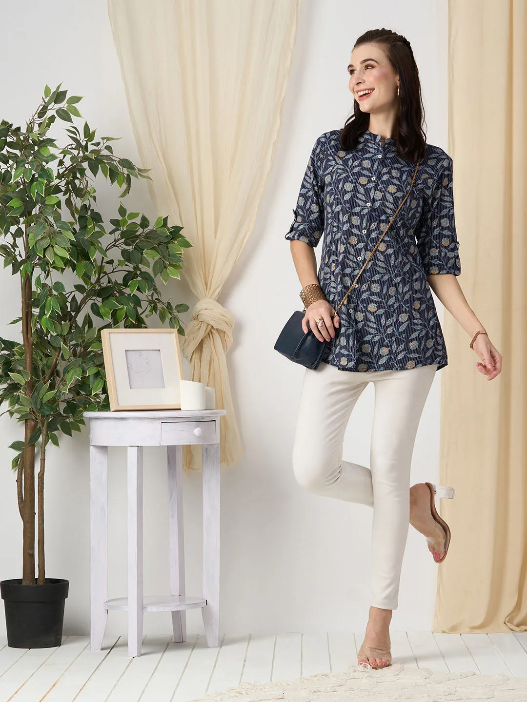 Exclusive Cotton NavyBlue A-Line Tunic With Kantha work & Botanical Print For Women - ZOLA