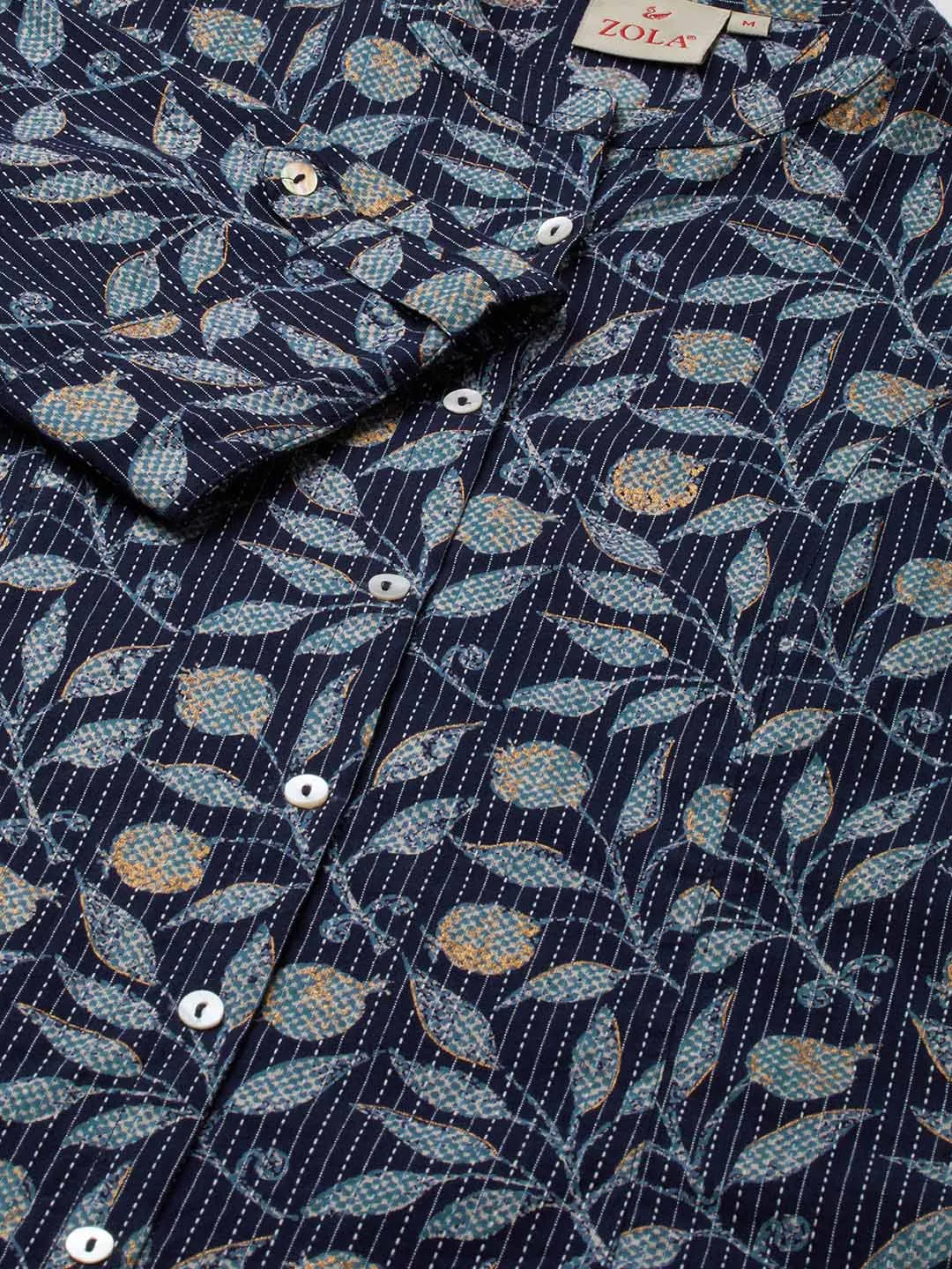 Exclusive Cotton NavyBlue A-Line Tunic With Kantha work & Botanical Print For Women - ZOLA