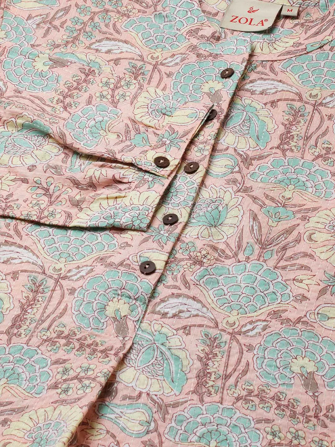 Exclusive Cotton Peach A-Line Tunic With Kantha work & Botanical Print For Women - ZOLA