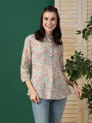 Exclusive Cotton Peach A-Line Tunic With Kantha work & Botanical Print For Women - ZOLA