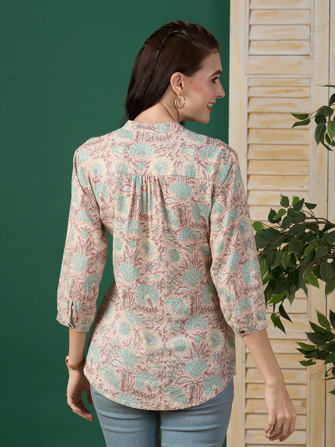 Exclusive Cotton Peach A-Line Tunic With Kantha work & Botanical Print For Women - ZOLA