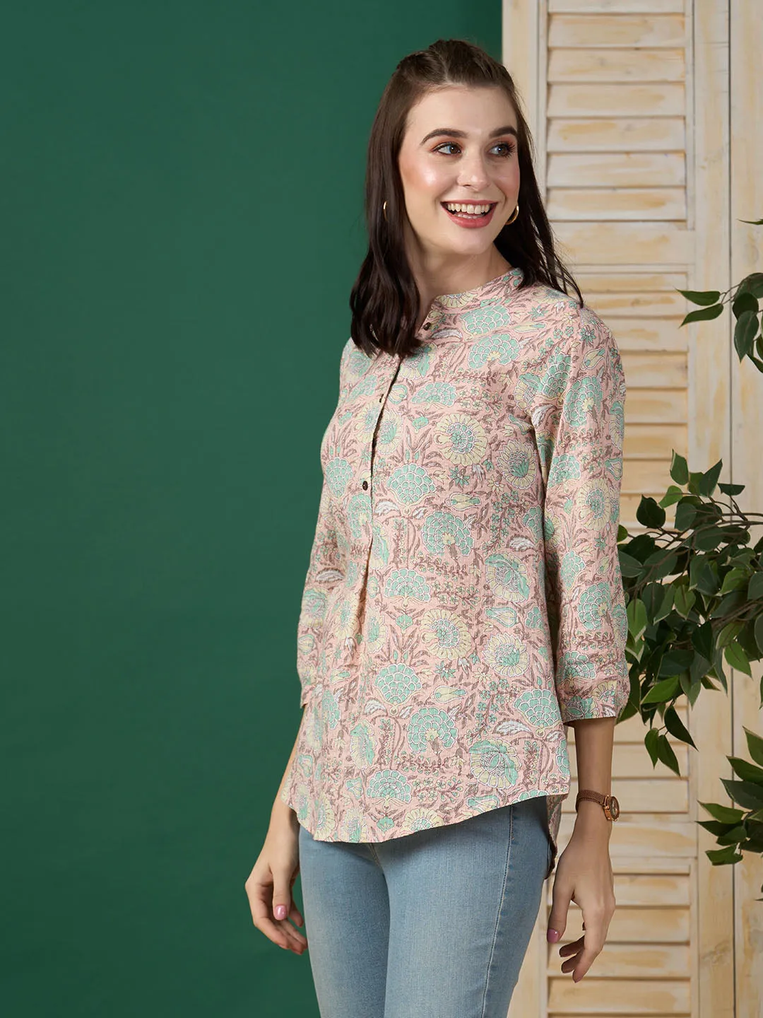 Exclusive Cotton Peach A-Line Tunic With Kantha work & Botanical Print For Women - ZOLA