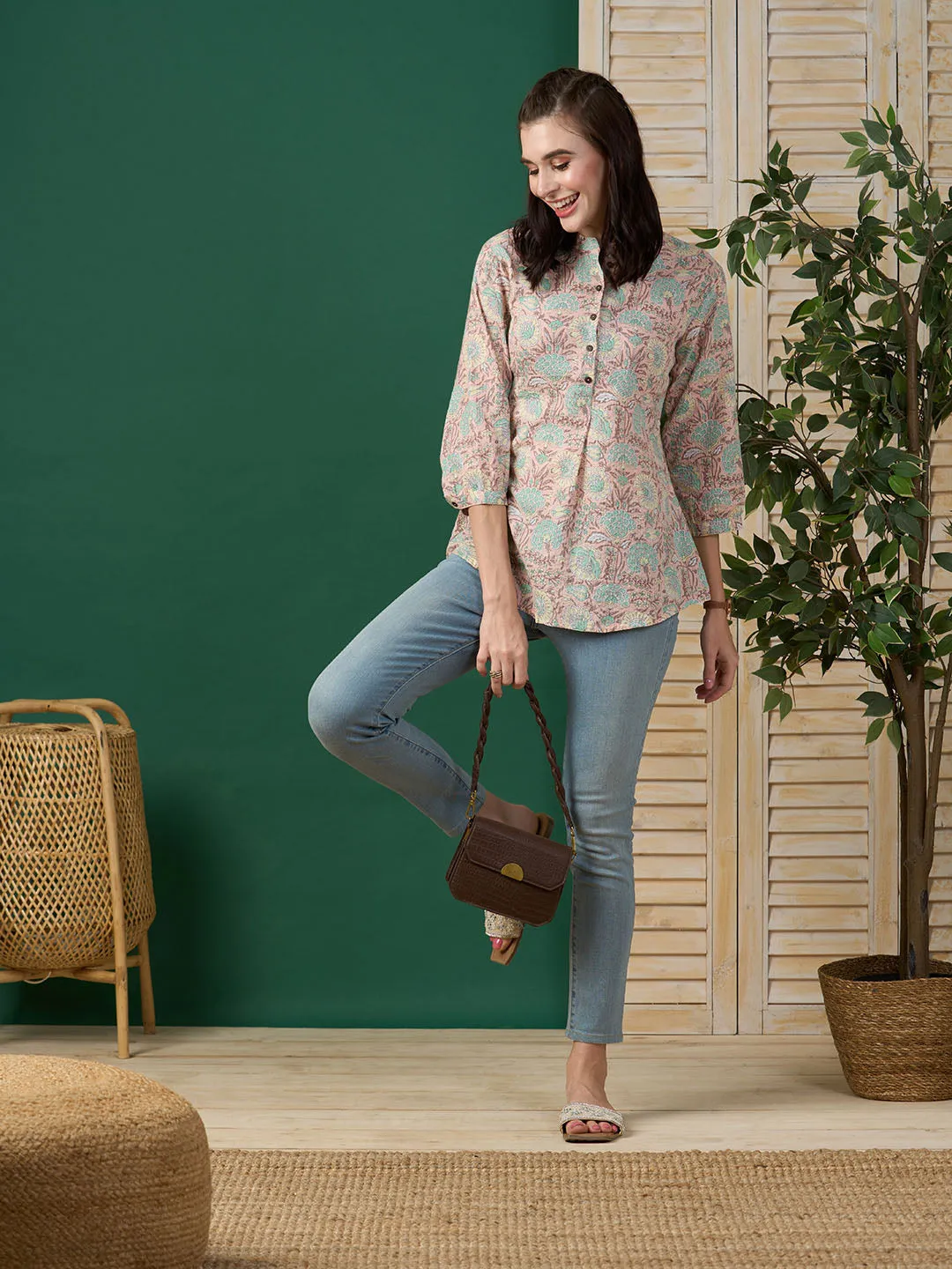 Exclusive Cotton Peach A-Line Tunic With Kantha work & Botanical Print For Women - ZOLA