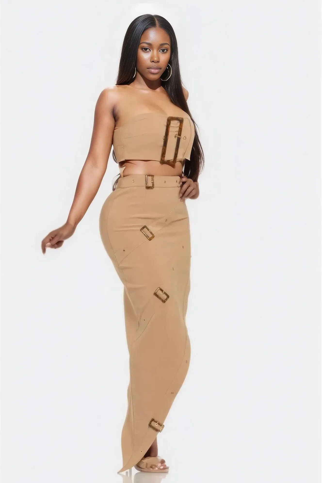 Eyelet Buckle Belt Top And Skirt Set