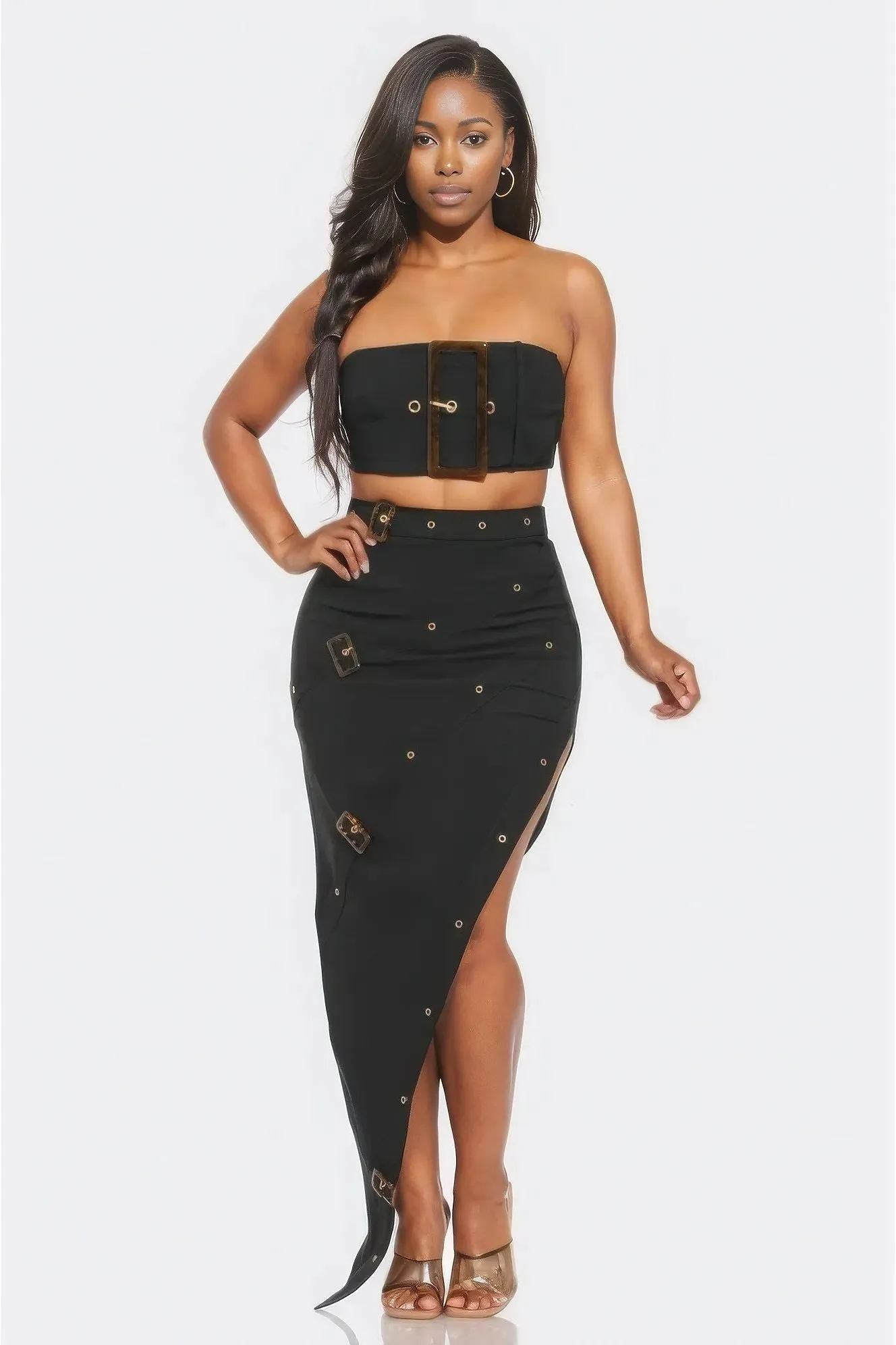 Eyelet Buckle Belt Top And Skirt Set