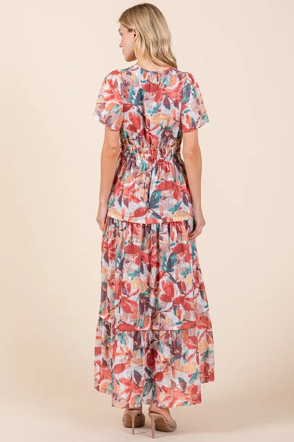 Falling Leaves Print Smocked Maxi Dress
